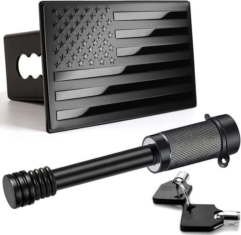 Bonrcea American Flag Metal Trailer Hitch Cover for 2 inch Receivers（with 5/8-Inch Pin Diameter Trailer Hitch Lock ） (Black) - Image 1